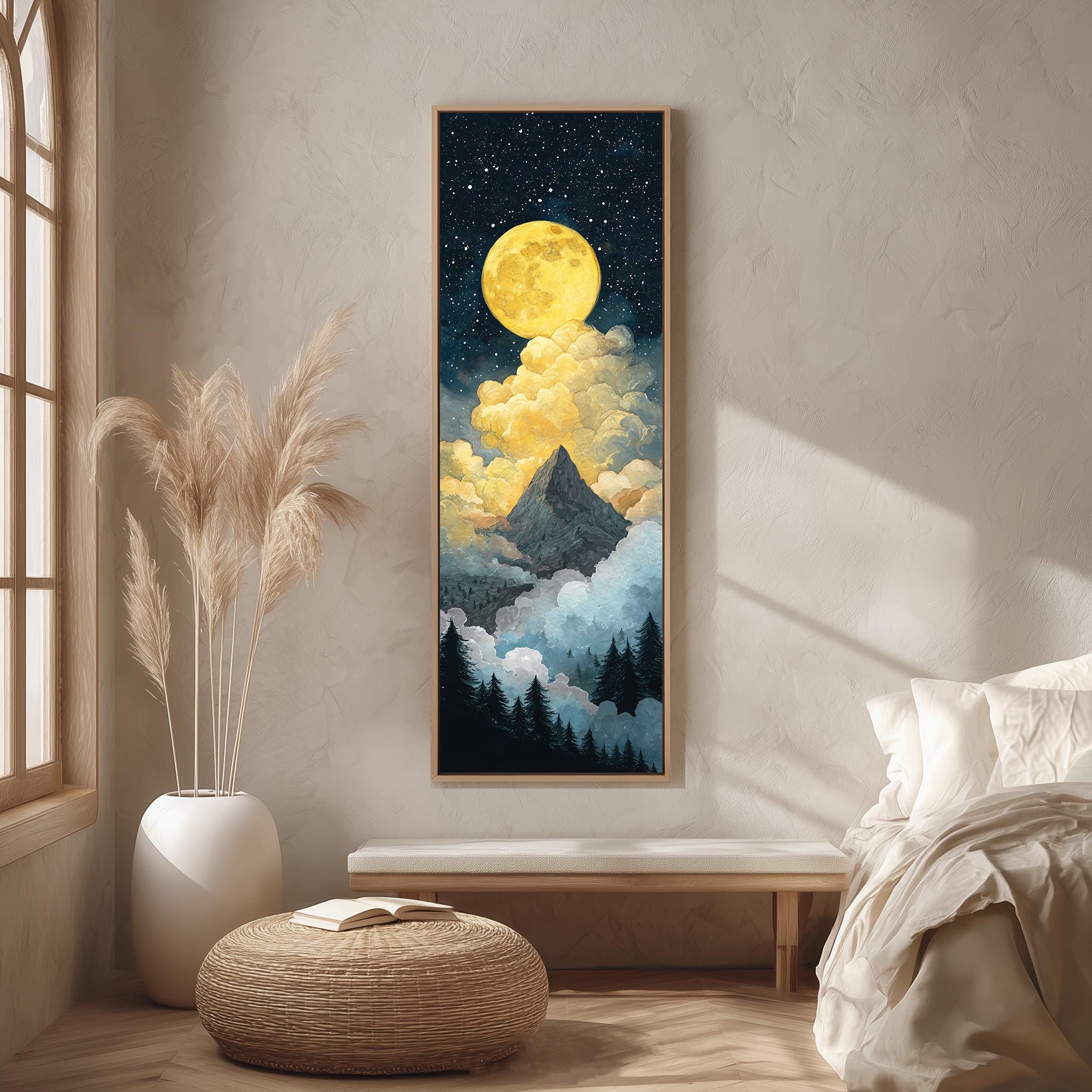 a large painting of a mountain landscape with a full moon and clouds, hanging on a wall in a bedroom setting.