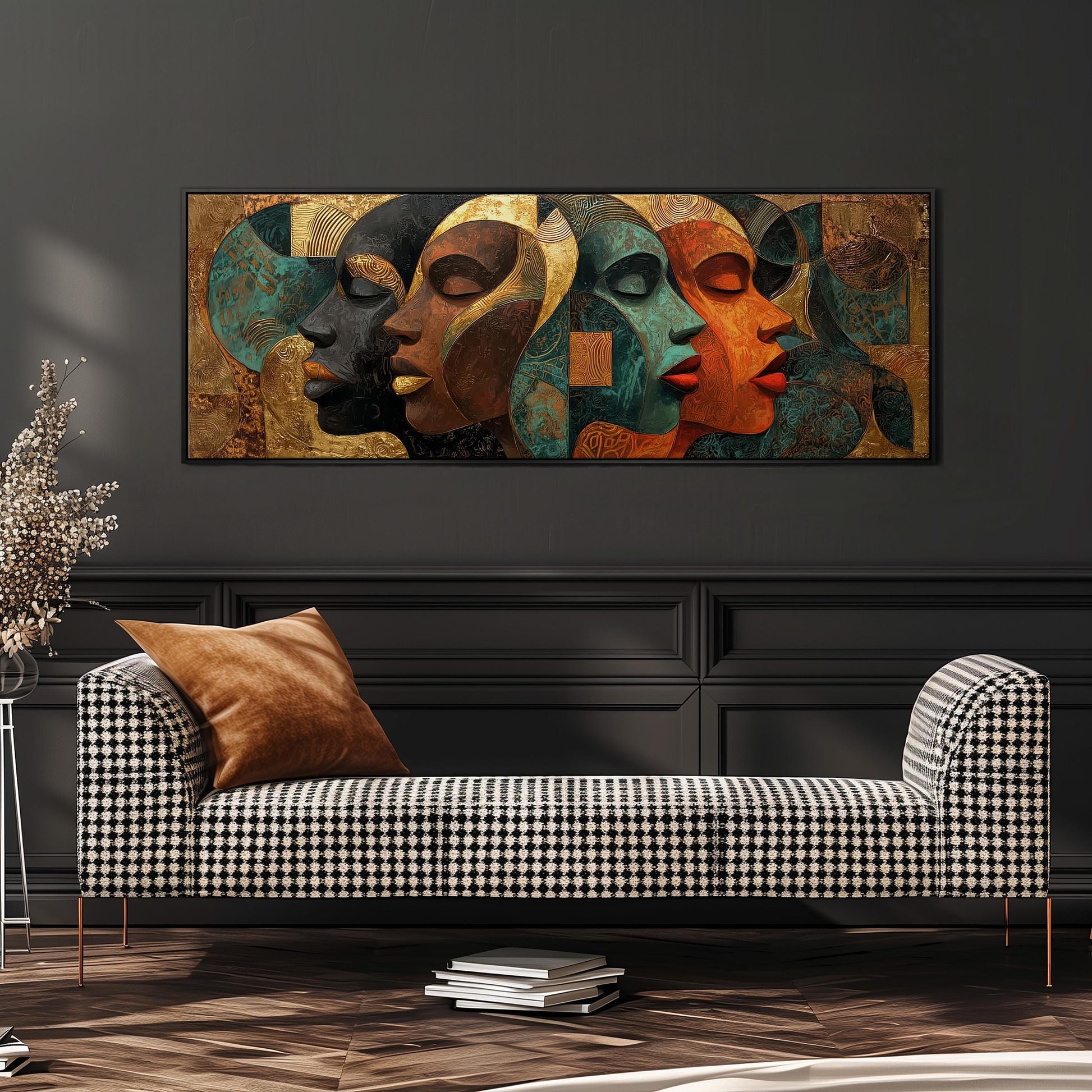 a modern living room with a large abstract painting of colorful faces on the wall above a black and white checkered sofa.