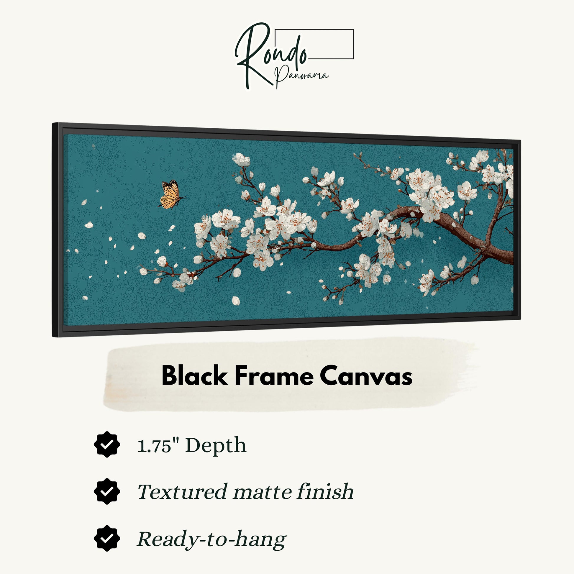 a black frame canvas with a floral design of white flowers and a butterfly on a teal background.