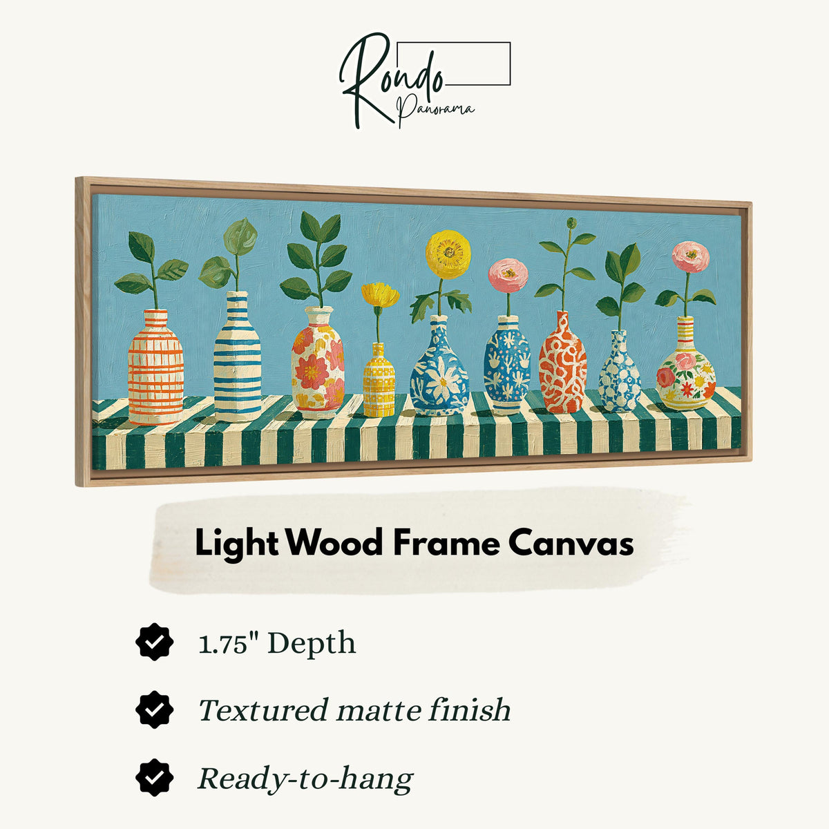 Row of striped vases with flowers canvas print in a light wood floating frame