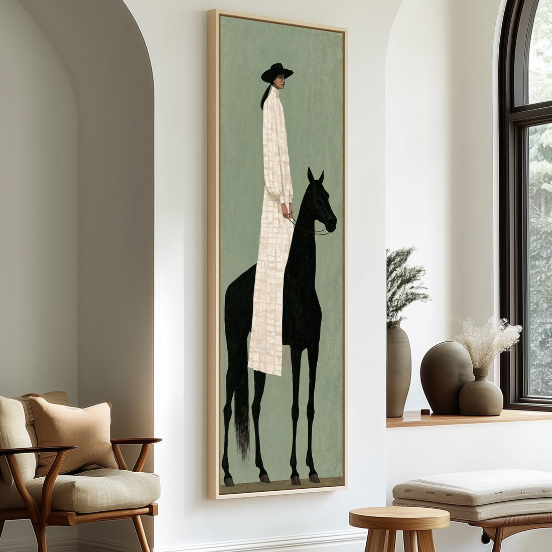 Woman in a long coat beside a black horse long vertical canvas print in a sunlit living space