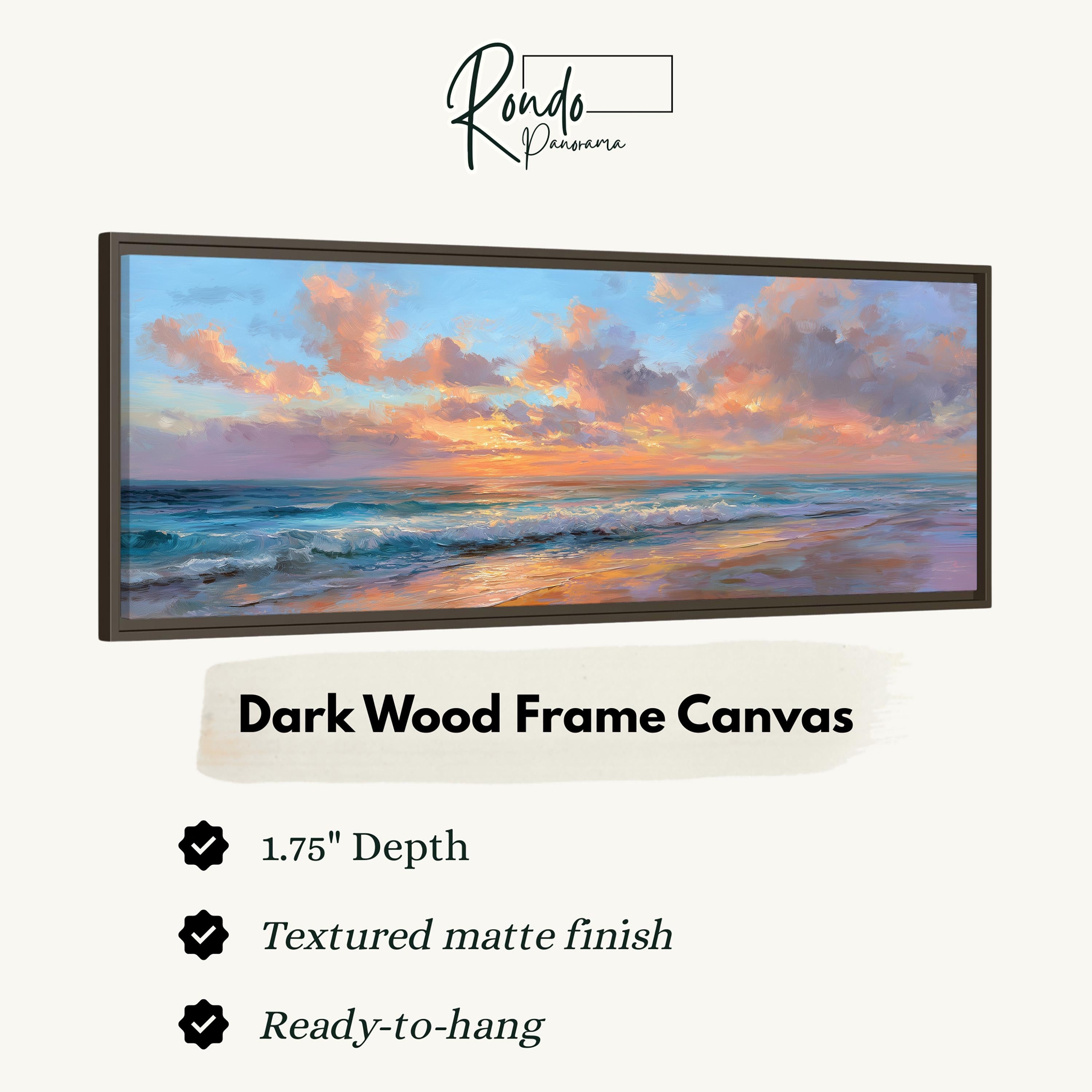 The image is a framed artwork depicting a serene beach scene with a sunset over the ocean.