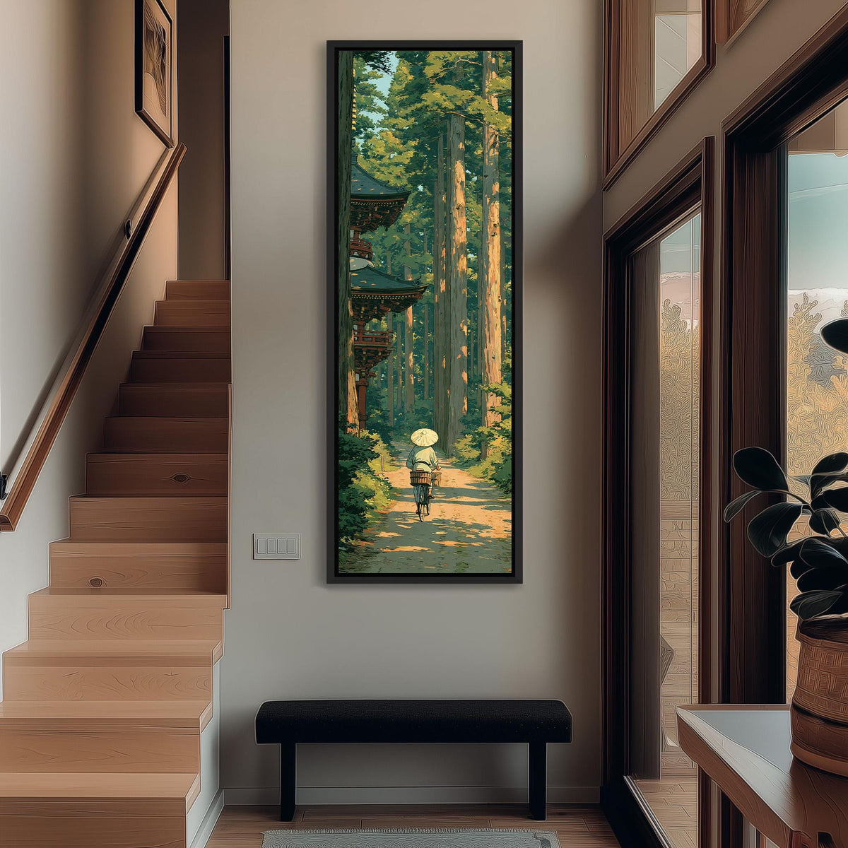 Walker on a cedar forest path by a pagoda tall narrow canvas print beside a staircase in an entryway