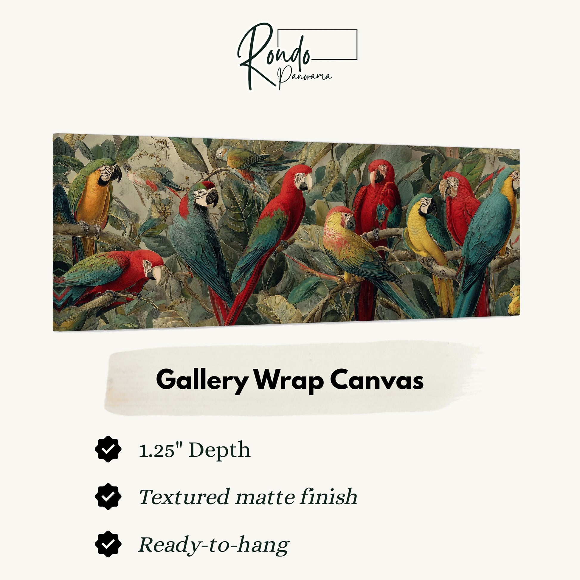 The image is a large canvas print featuring a vibrant painting of a group of colorful parrots perched on branches.