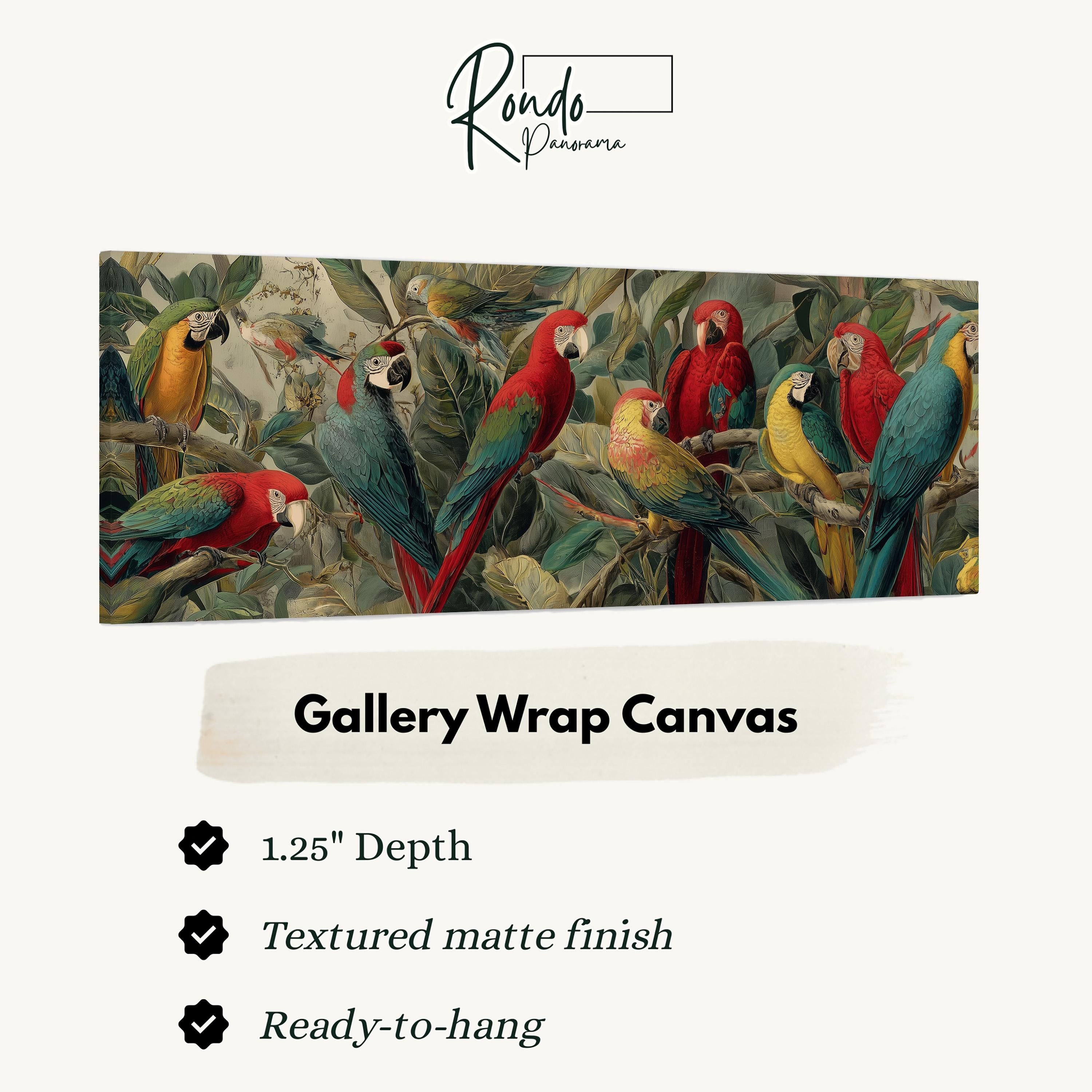 The image is a large canvas print featuring a vibrant painting of a group of colorful parrots perched on branches.