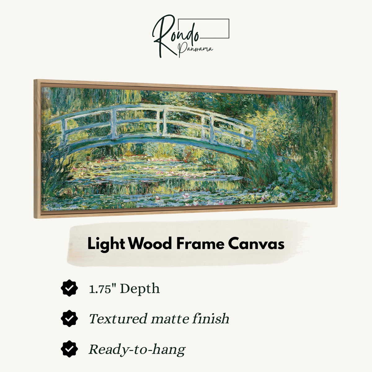 Japanese bridge over a water lily pond canvas print in a light wood floating frame