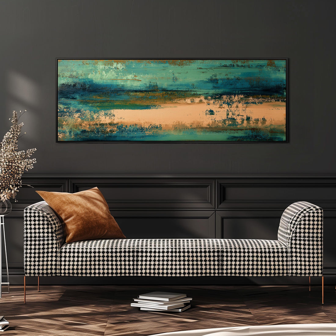 a large, rectangular painting hanging on a white wall above a brown sofa with orange cushions.
