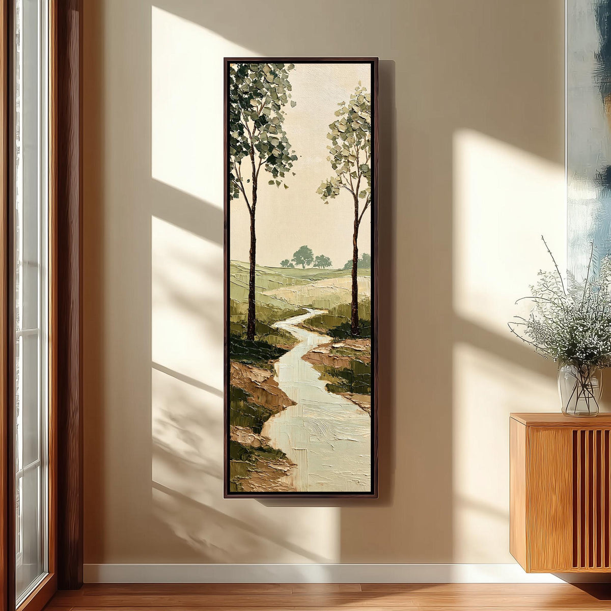 Stream winding between trees into the countryside tall skinny canvas print in a sunlit living space
