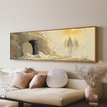 The empty tomb at sunrise long horizontal canvas print above a sofa in a living room