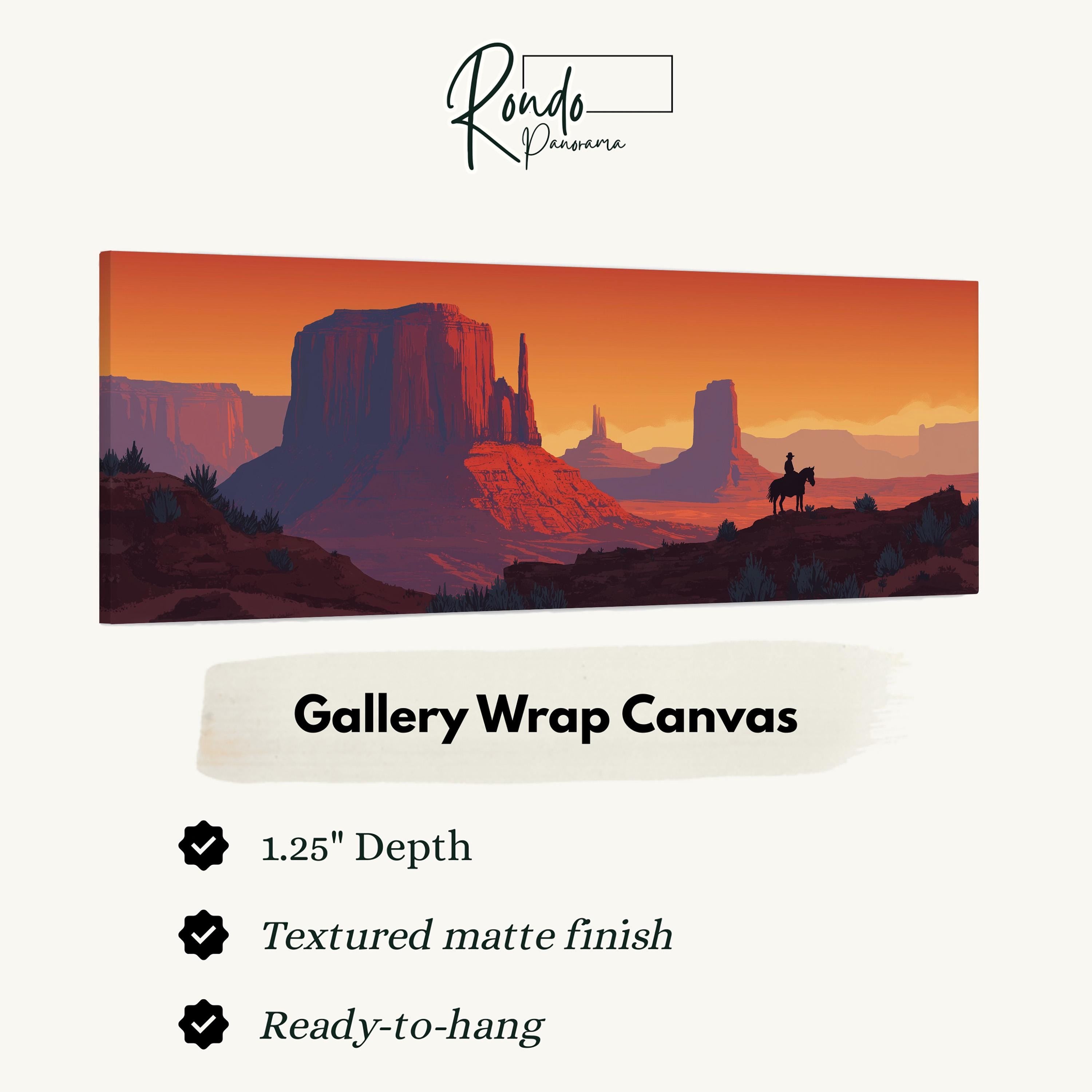 The image is a digital illustration of a desert landscape with mountains and a cowboy on horseback.