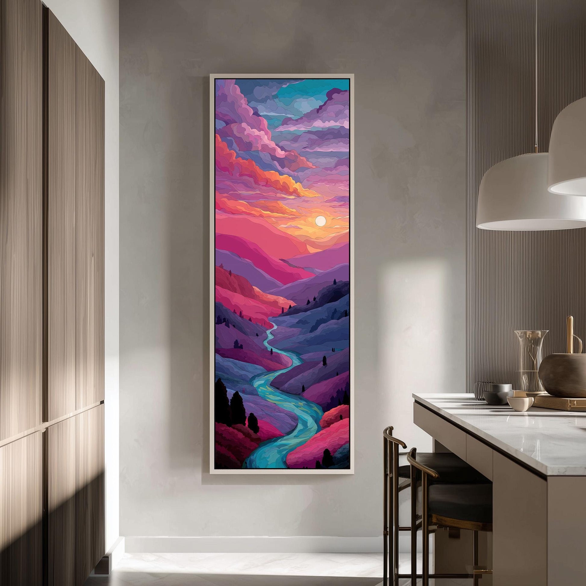 a large, colorful painting of a mountain landscape with a winding river, hanging on a wall in a modern kitchen.