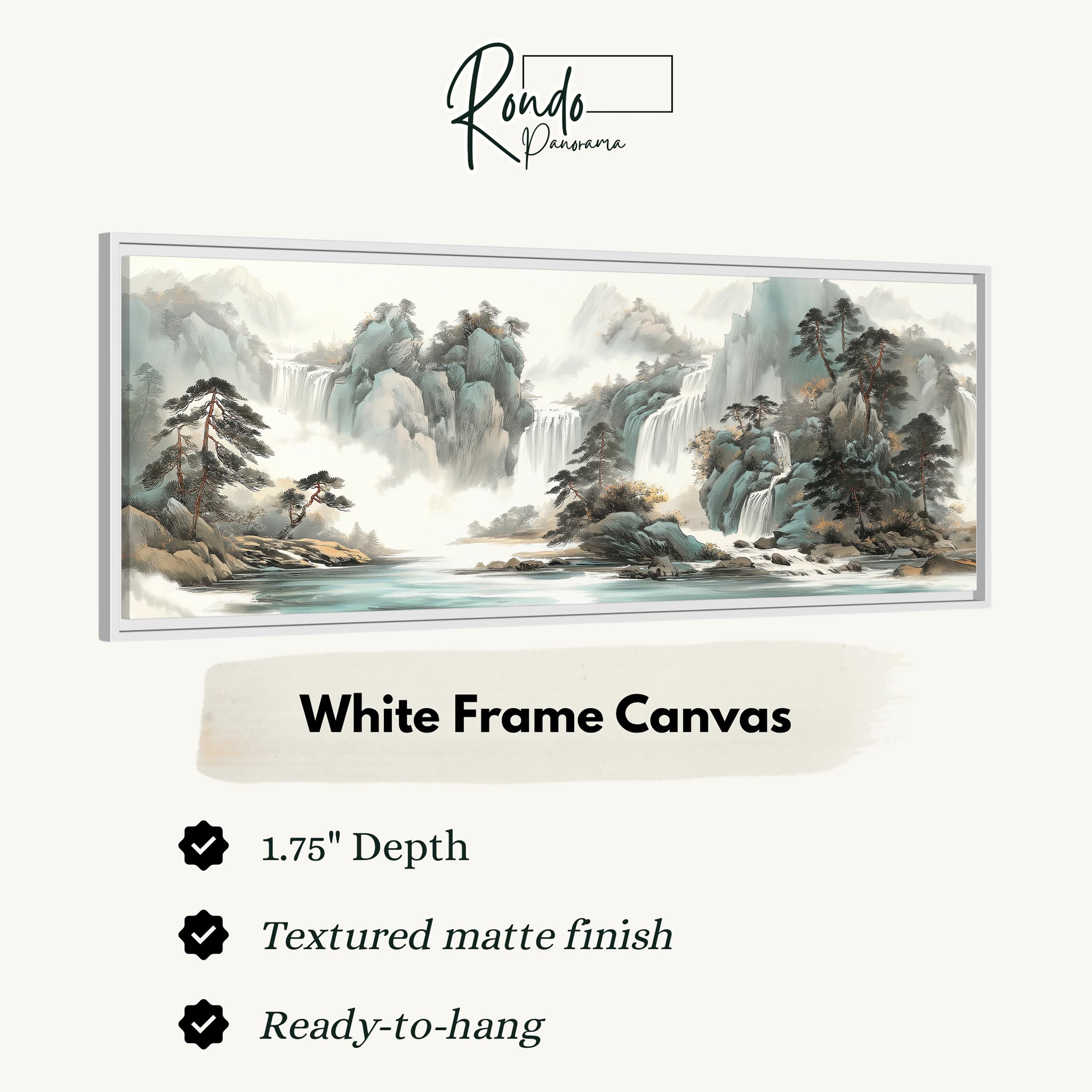 The image is a framed artwork depicting a serene landscape with a waterfall and mountains.