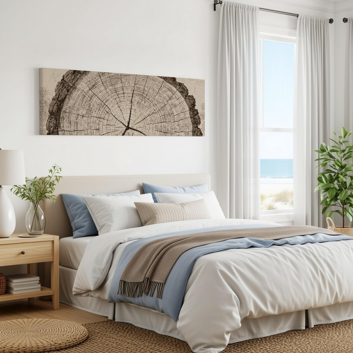 Sepia tree ring with radial cracks panoramic canvas print above a bed in a coastal bedroom