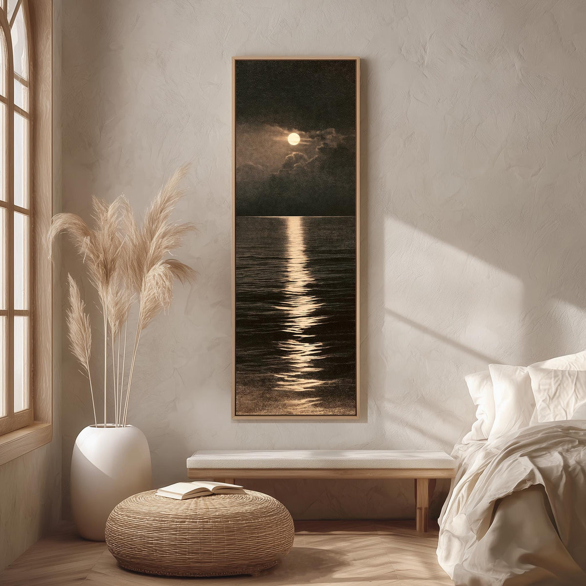 Moonlight reflecting on a dark sepia ocean long vertical canvas print in a bright reading corner