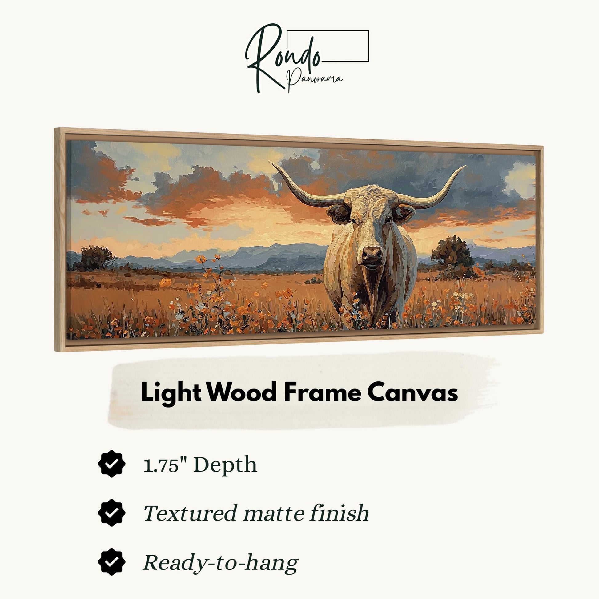 The image is a light wood frame canvas depicting a bull in a field with a sunset in the background.