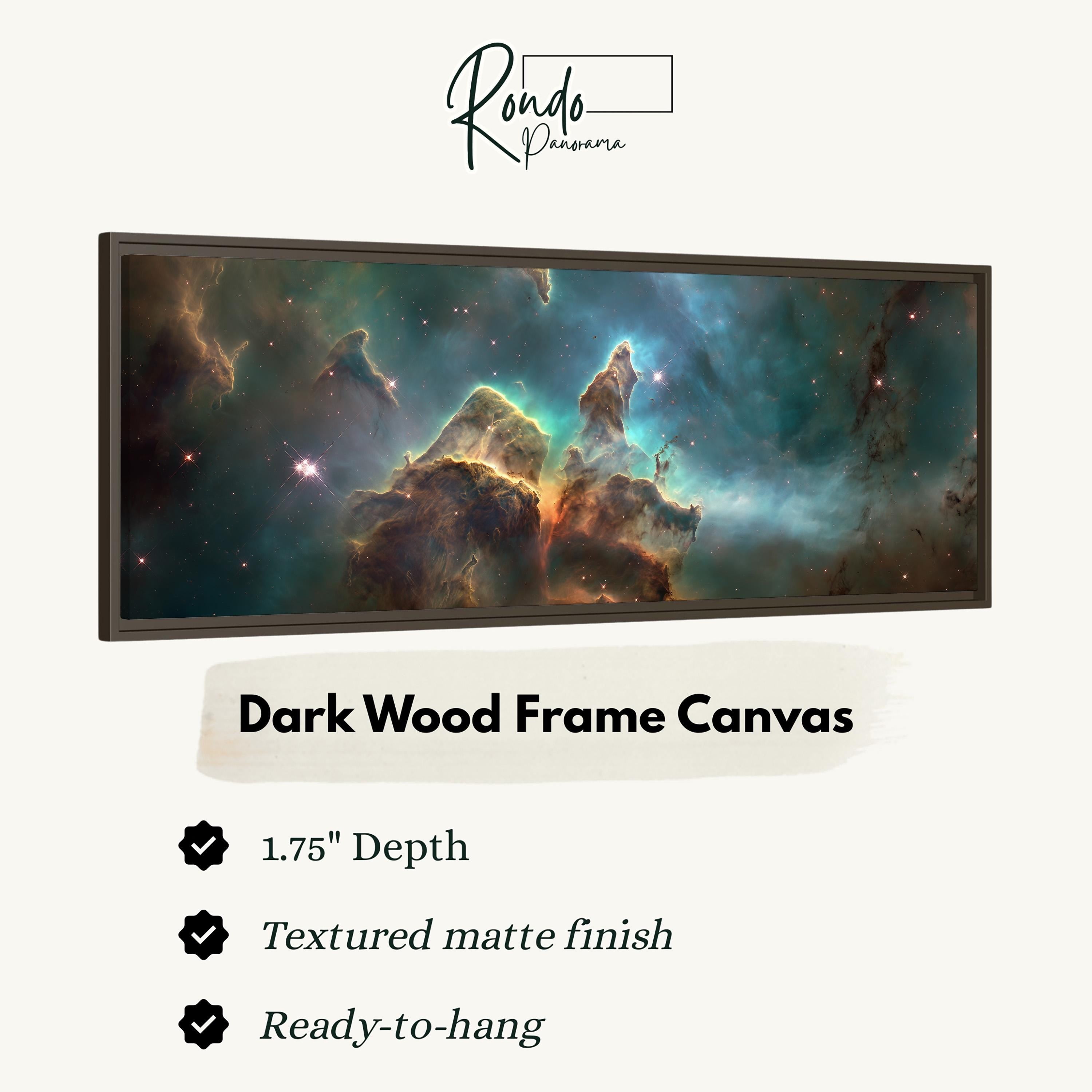 The image is a framed canvas depicting a nebula, which is a large cloud of dust and gas in outer space.