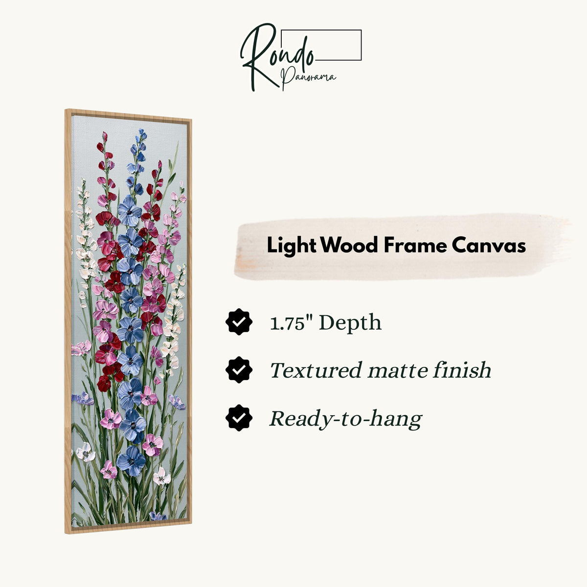 Tall delphinium flower stalks canvas print in a light wood floating frame