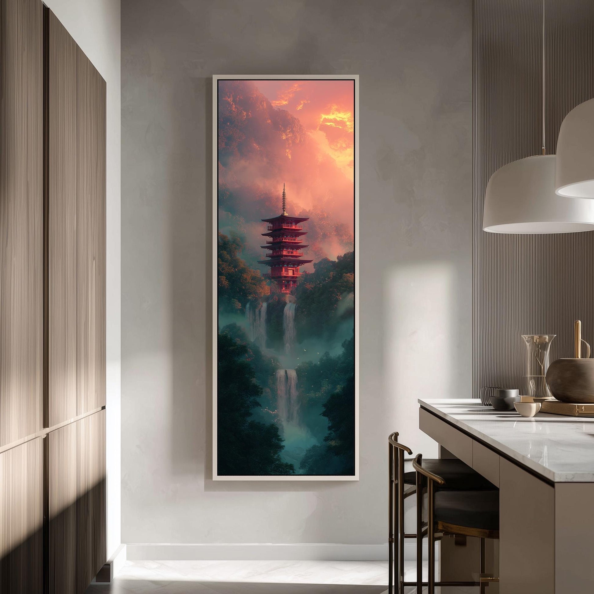 a large, colorful painting of a pagoda-style building with a waterfall in the background, hanging on a wall in a modern, minimalist kitchen setting.