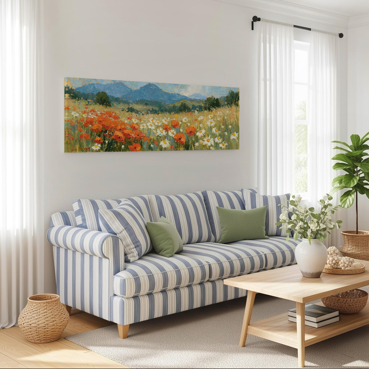Alpine poppy and daisy meadow long horizontal canvas print above a striped sofa in a coastal living room