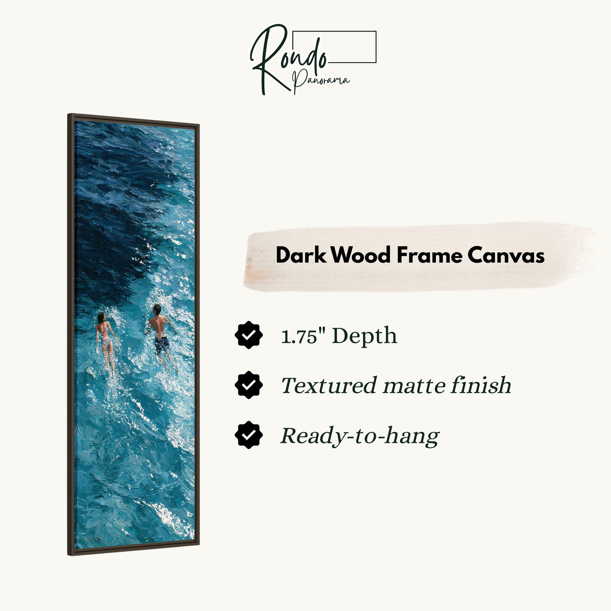 Two swimmers in deep blue waves canvas print in a dark wood floating frame