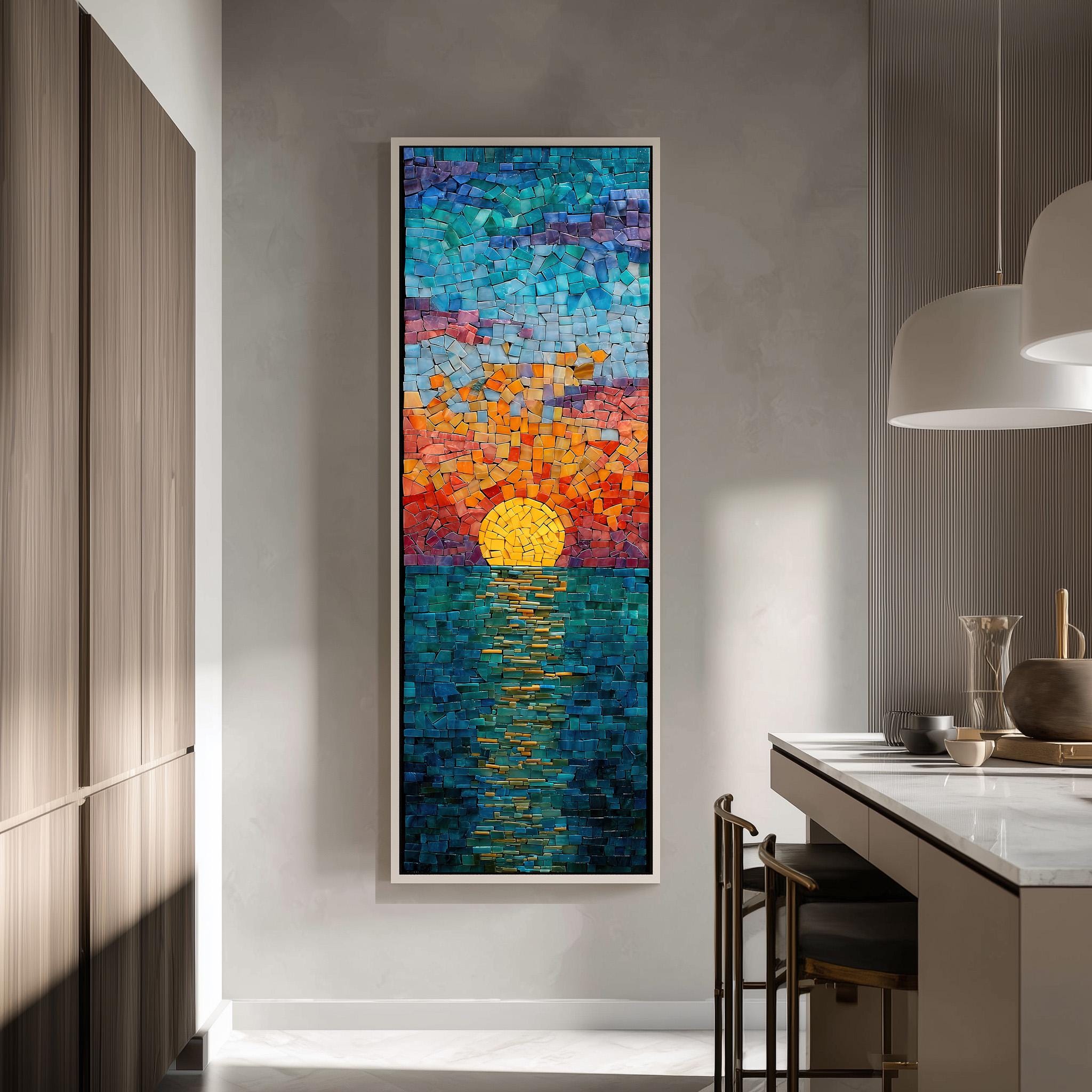 a large, colorful painting of a sunset over a body of water, hanging on a wall in a modern kitchen.