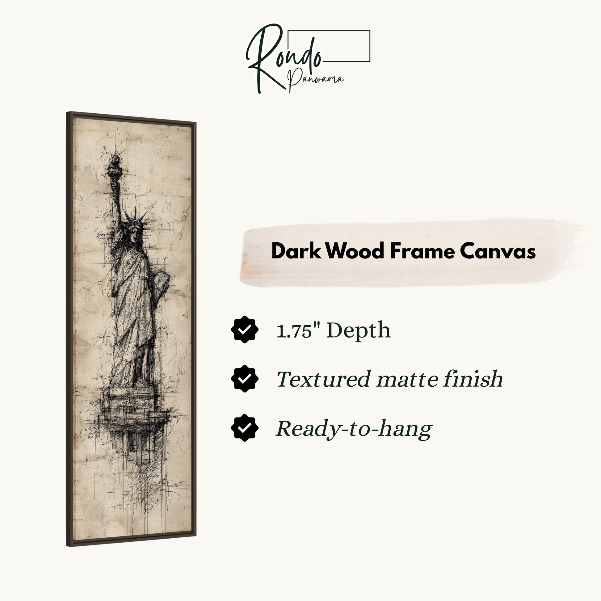 The image is a dark wood frame canvas depicting the Statue of Liberty.