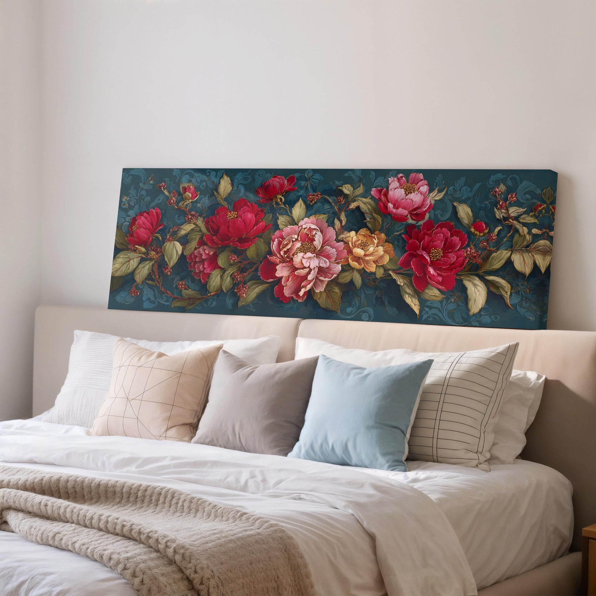 a large floral print on the wall above a bed with white pillows and a gray blanket.