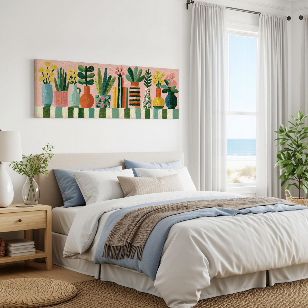 Row of boho potted plants panoramic canvas print above a bed in a coastal bedroom