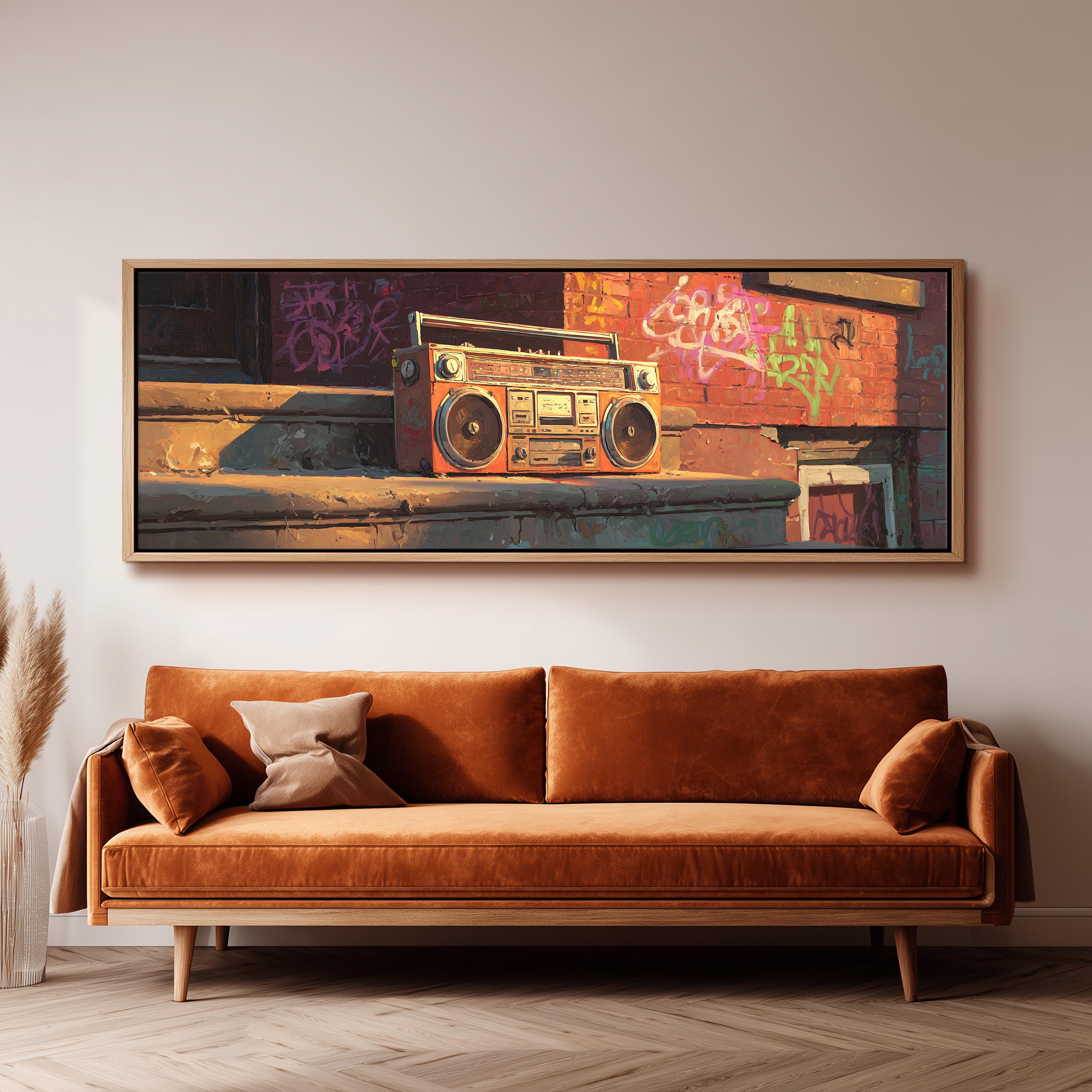 a large, framed painting of a vintage boombox on a wall above a brown sofa in a living room setting.