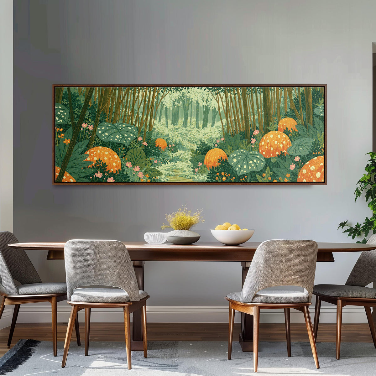 Amber mushroom forest long horizontal canvas print above a dining table