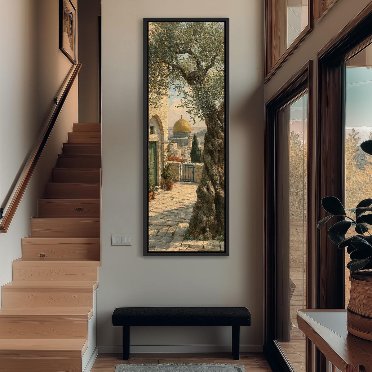 Ancient olive tree near the golden dome tall narrow canvas print beside a staircase in an entryway