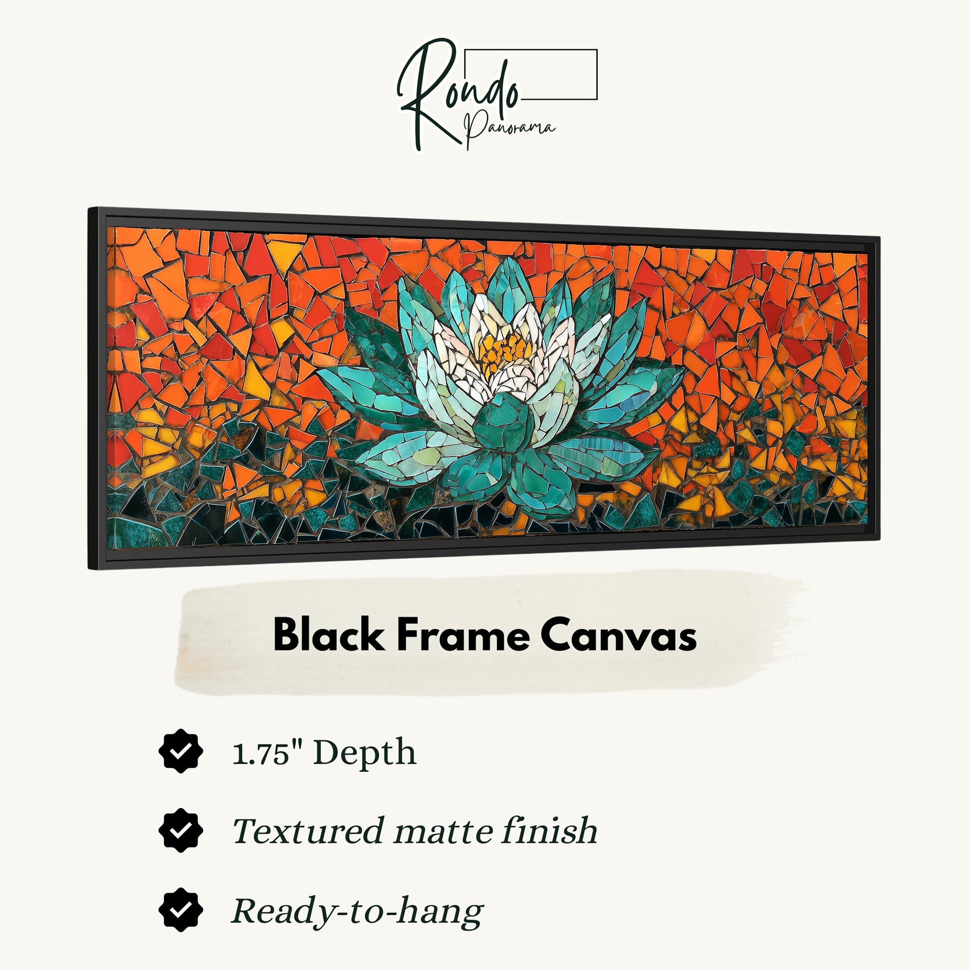 A framed artwork depicting a vibrant mosaic design with a large lotus flower at the center. The artwork has a black frame and is described as a "Black Frame Canvas" with a depth of 1.75" and a textured matte finish. It is ready to hang.