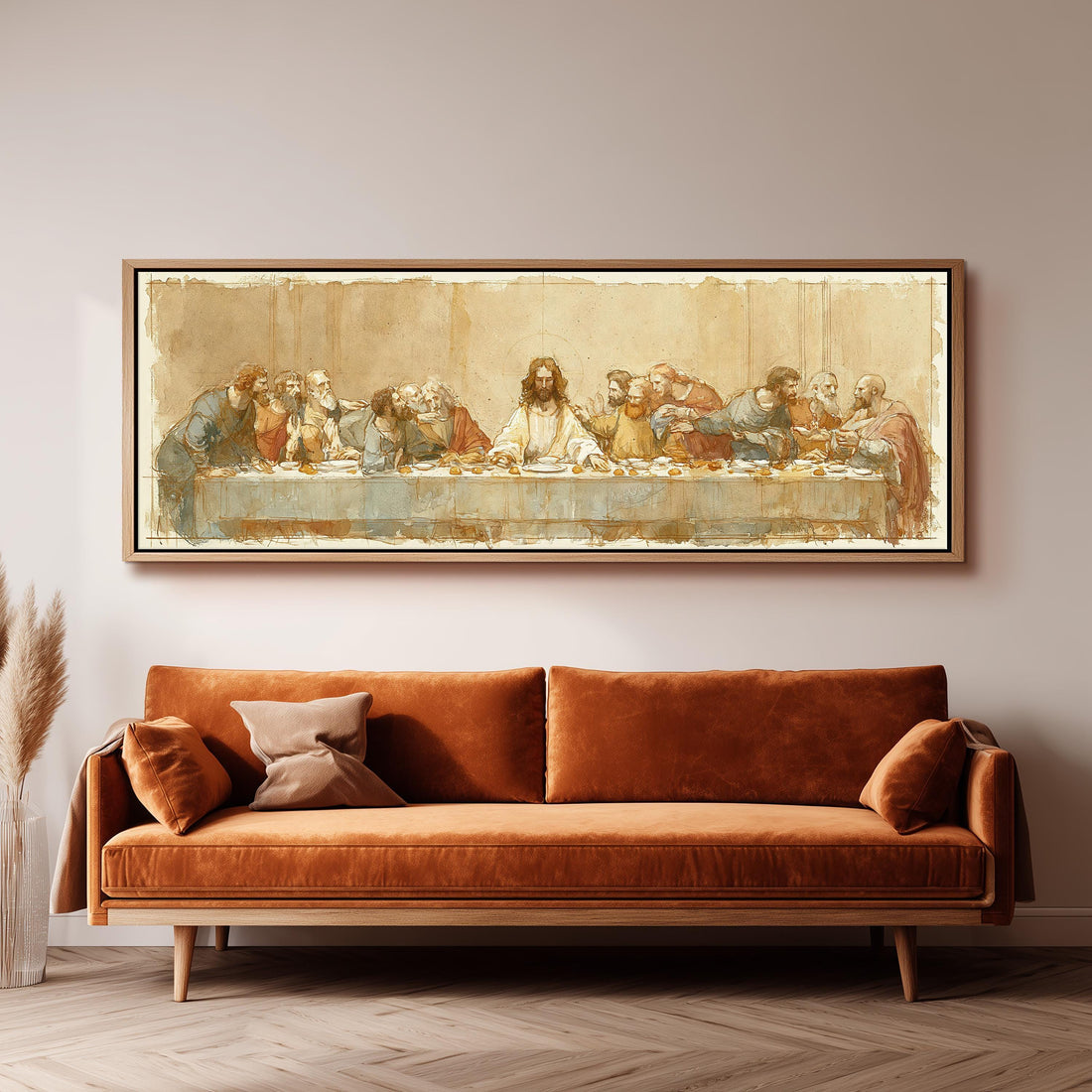 The Last Supper in a sepia sketch style long horizontal canvas print above a sofa in a living room