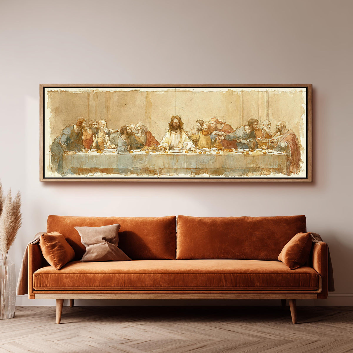 The Last Supper in a sepia sketch style panoramic canvas print above a sofa in a living room