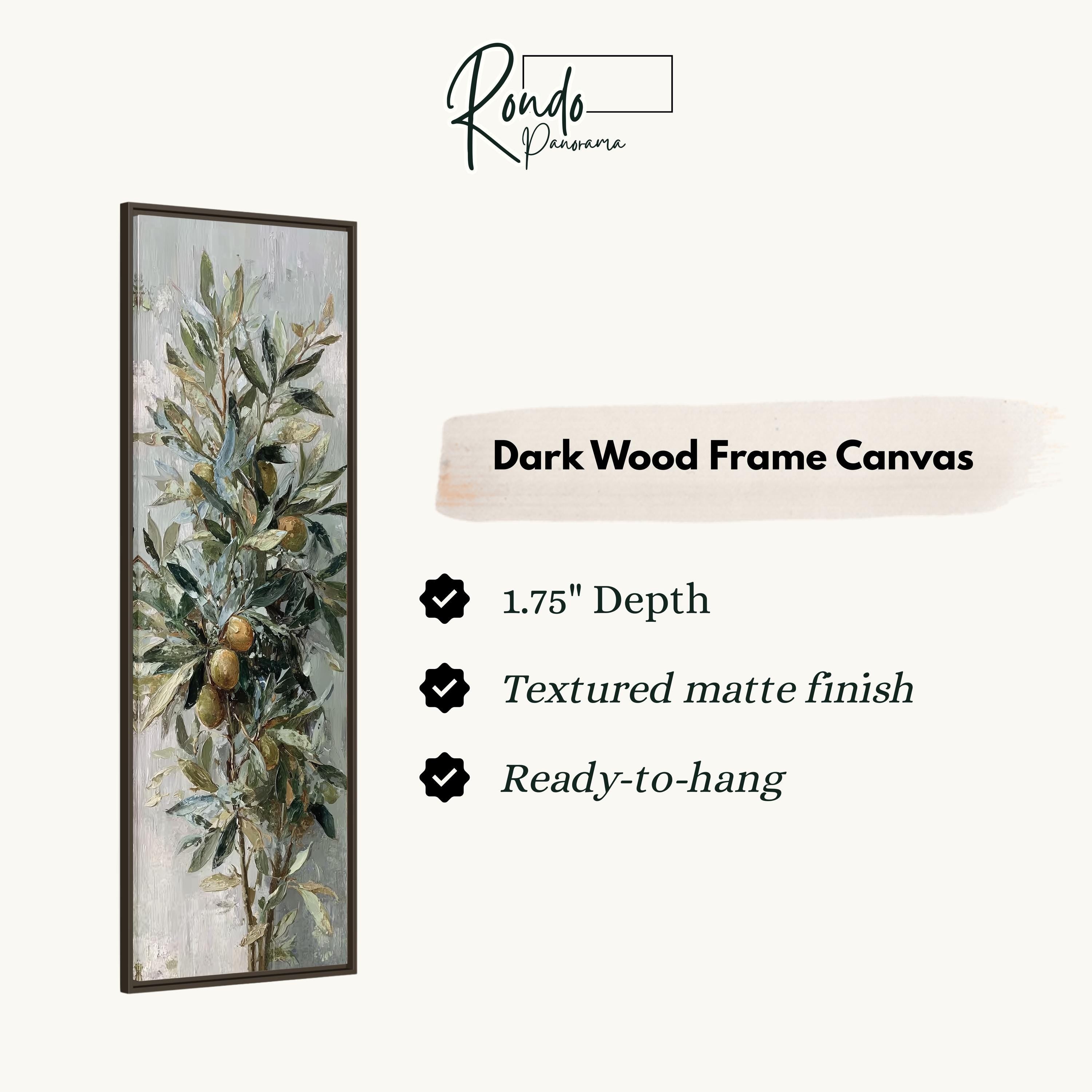 The image is a dark wood frame canvas featuring a painting of a tree with green leaves and a branch with a bird perched on it.