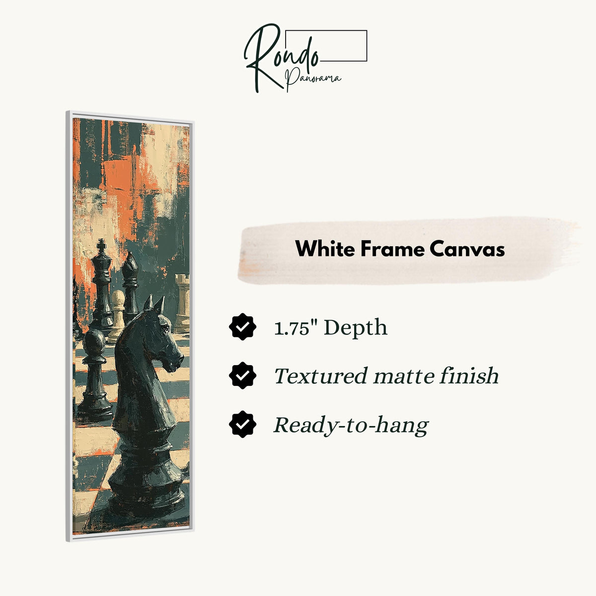 Black chess knight in dramatic shadows canvas print in a white floating frame