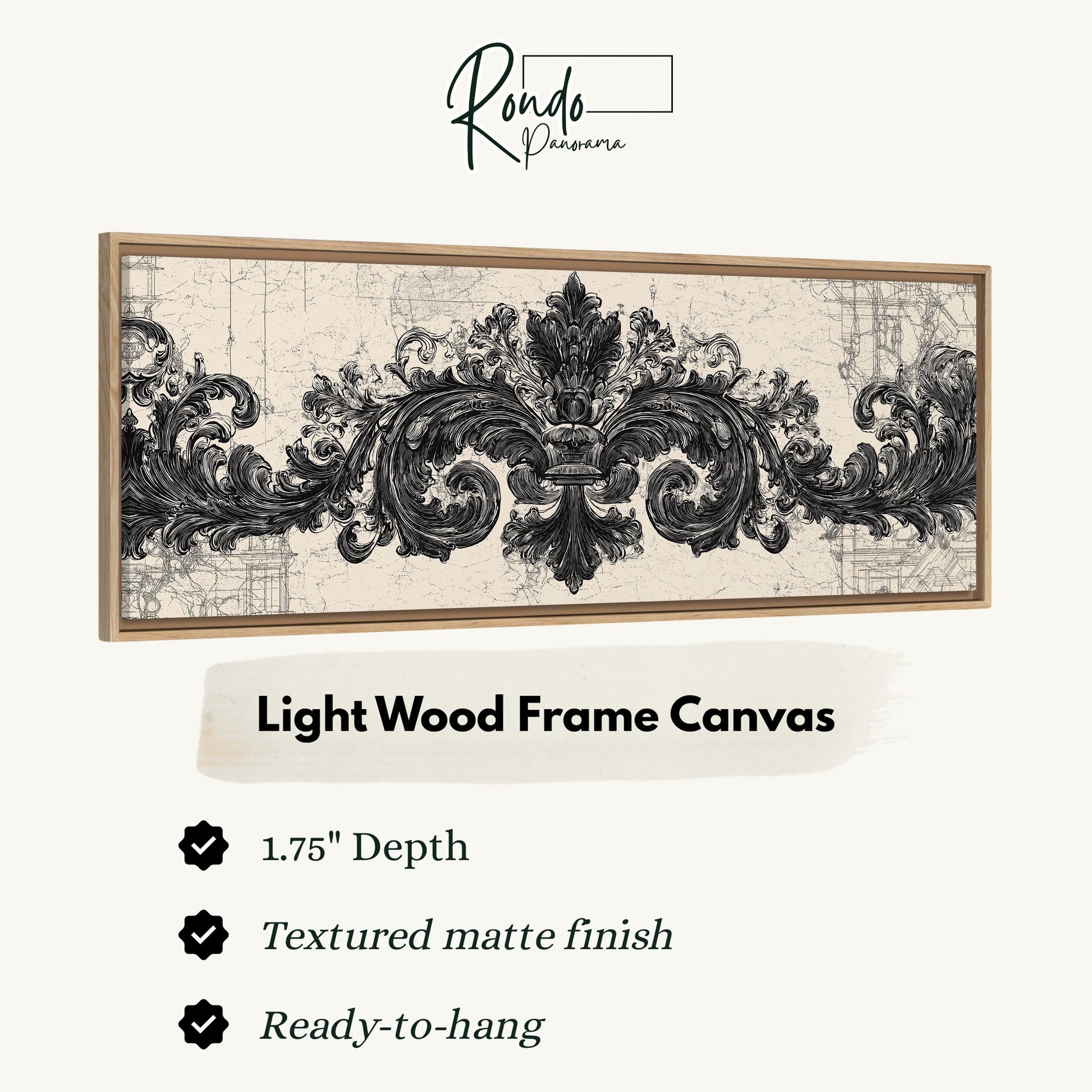 a light wood frame canvas with an ornate, decorative design in black and white.