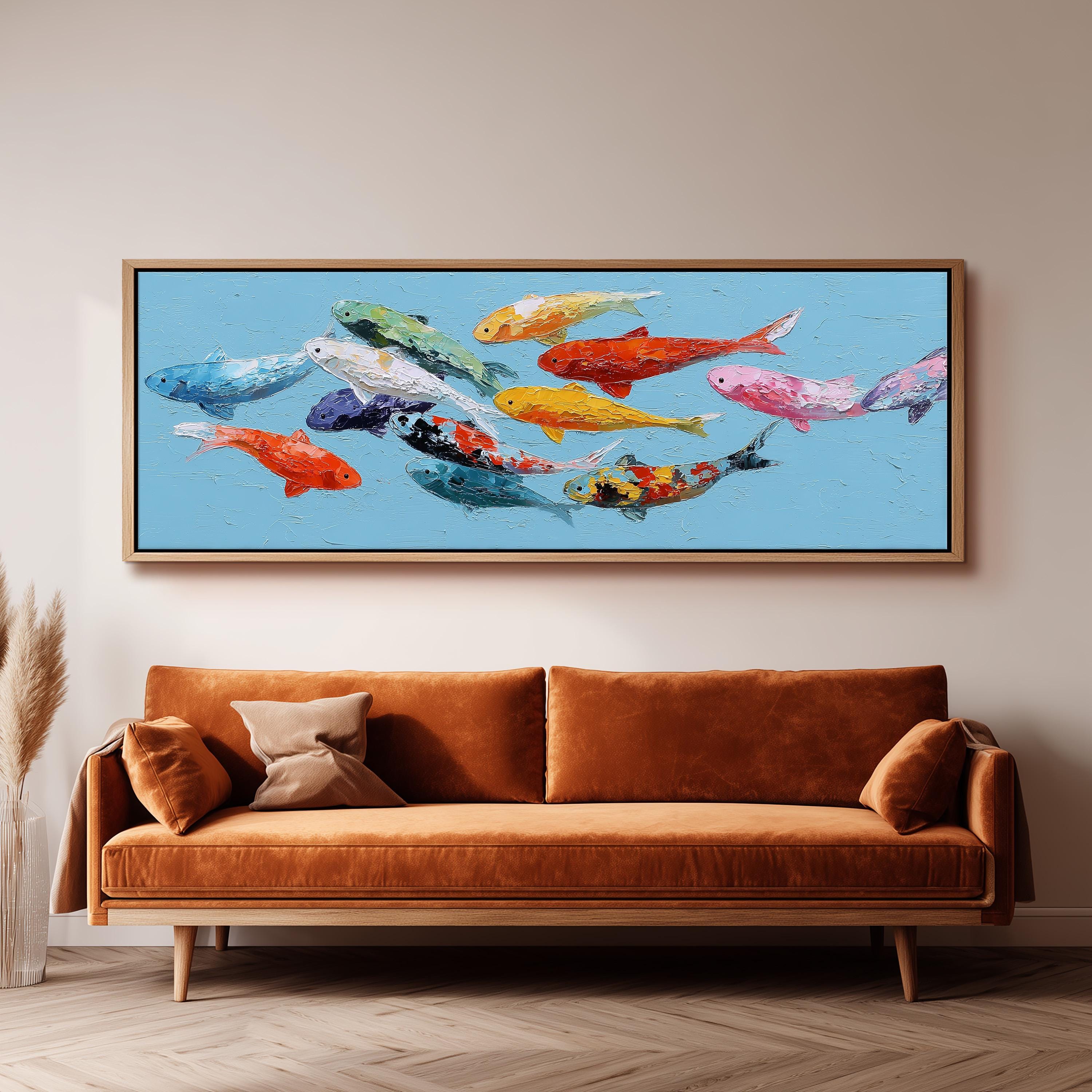 a large painting of colorful fish swimming in a blue background, hanging on a wall above a brown sofa.