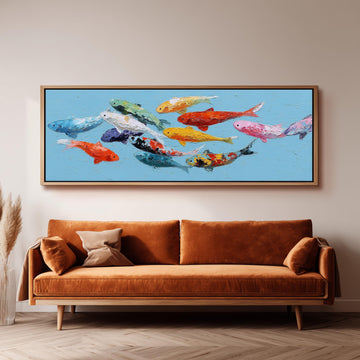 a large painting of colorful fish swimming in a blue background, hanging on a wall above a brown sofa.