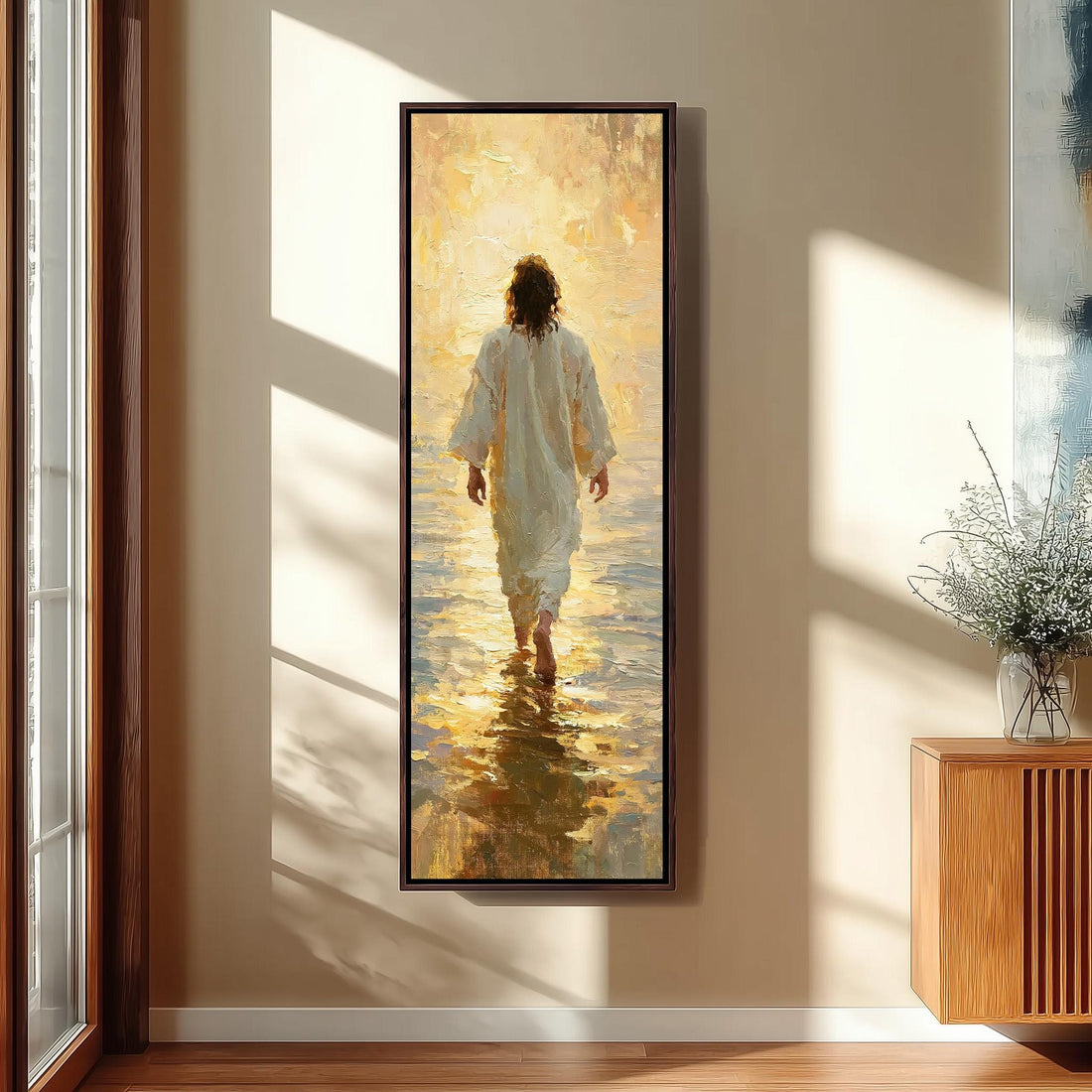 Jesus walking into golden light over water long vertical canvas print in a sunlit living space
