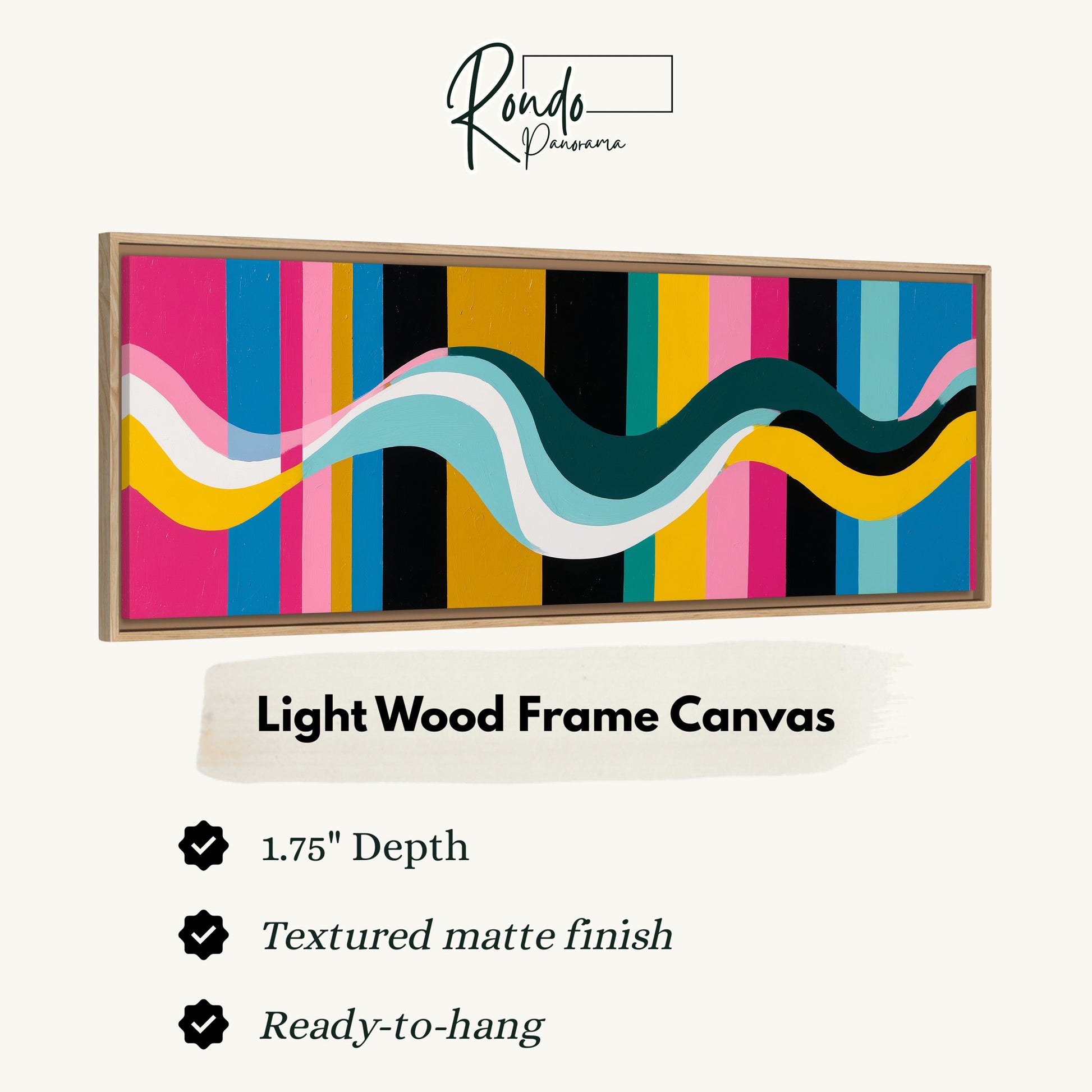 The image is a light wood frame canvas with a vibrant abstract design featuring colorful stripes and waves.