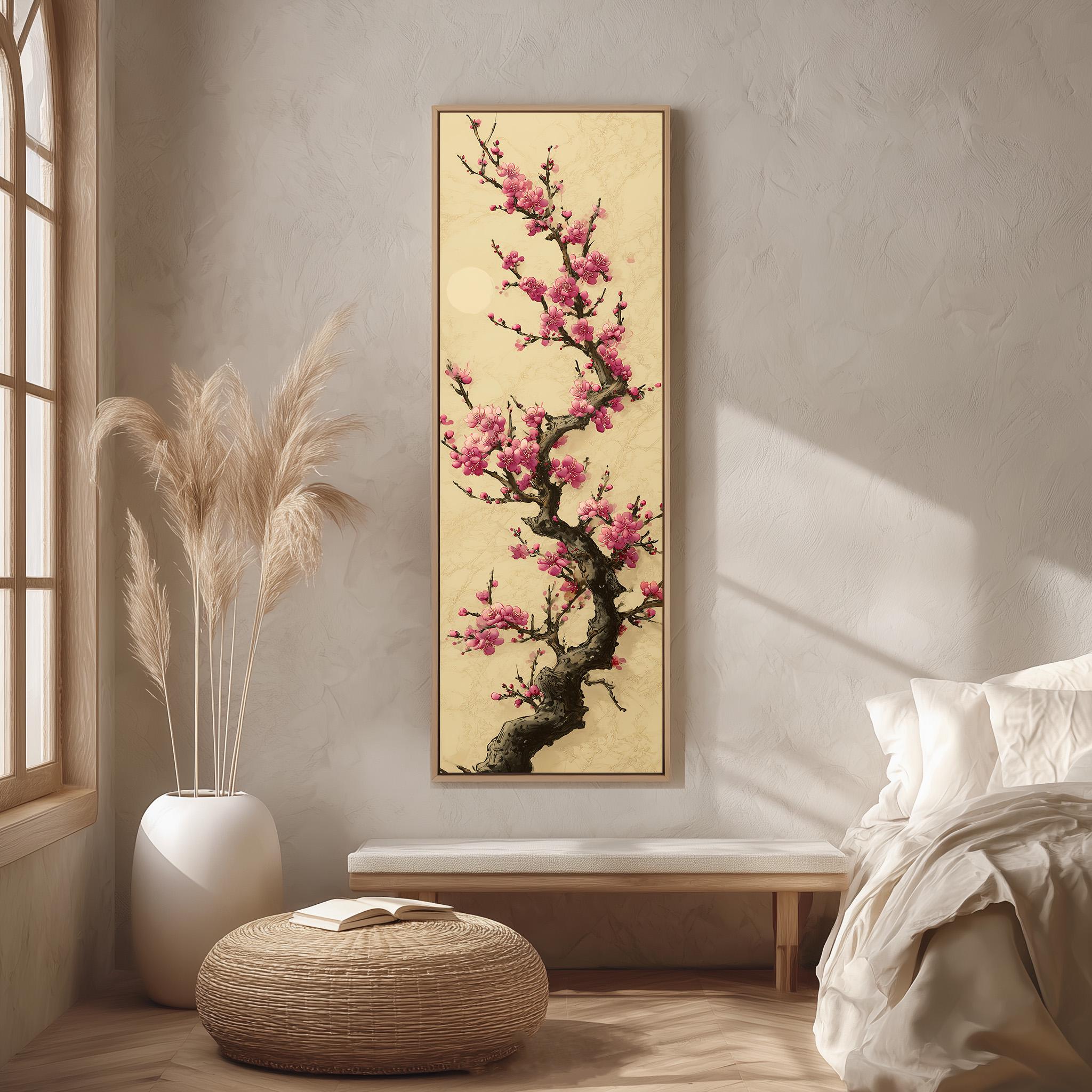 a serene bedroom setting with a large framed painting of a pink flowering tree hanging on the wall. The painting is the focal point of the room, with a white bed and a wooden bench in the foreground. A large window allows natural light to fill the space, creating a warm and inviting atmosphere.