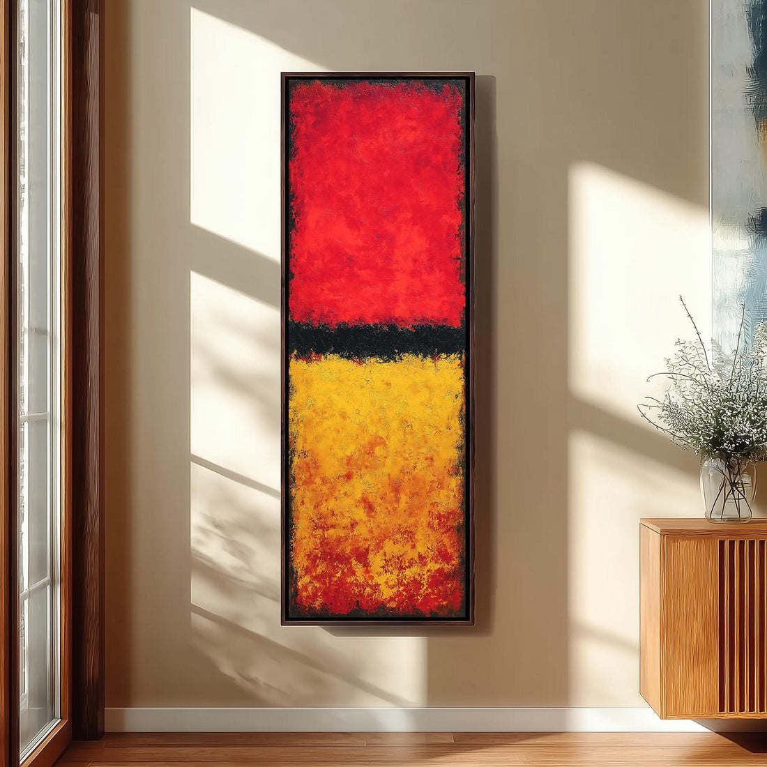 a modern hallway with a large abstract painting hanging on the wall, a wooden staircase, and a black bench in the foreground.
