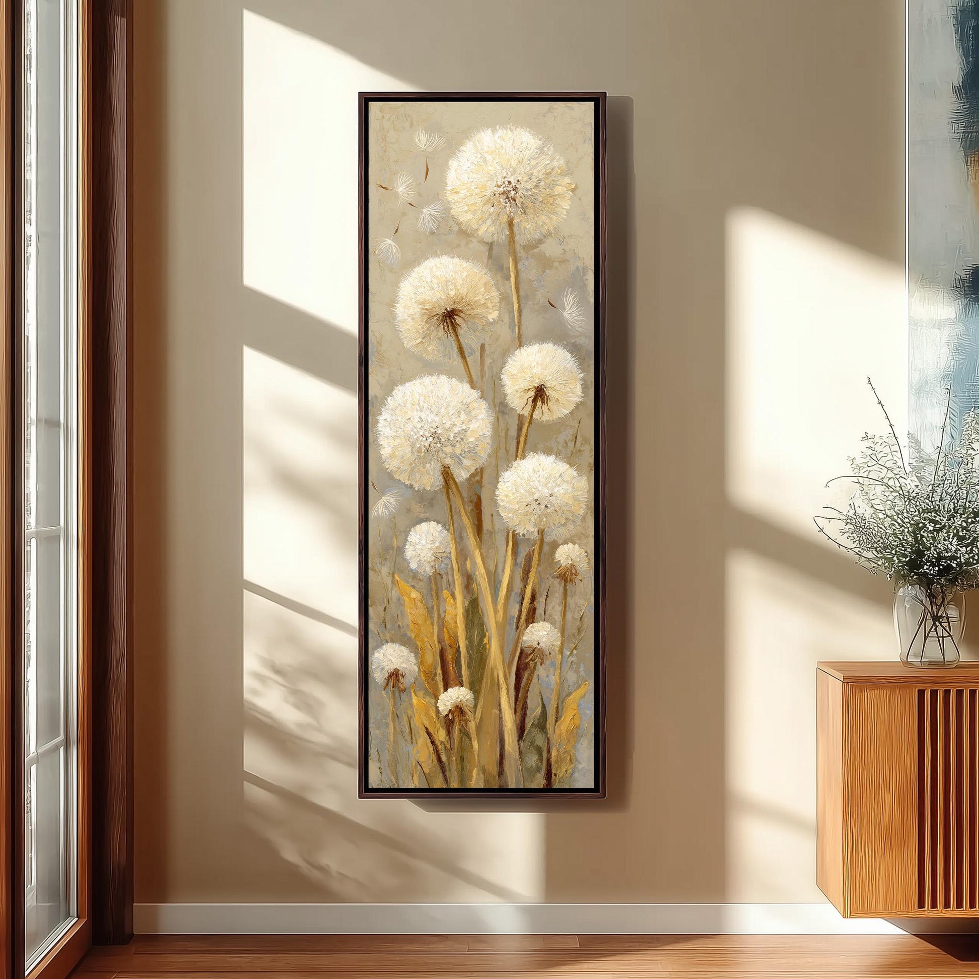 a large painting of dandelions hanging on a wall in a room with a wooden cabinet below it.