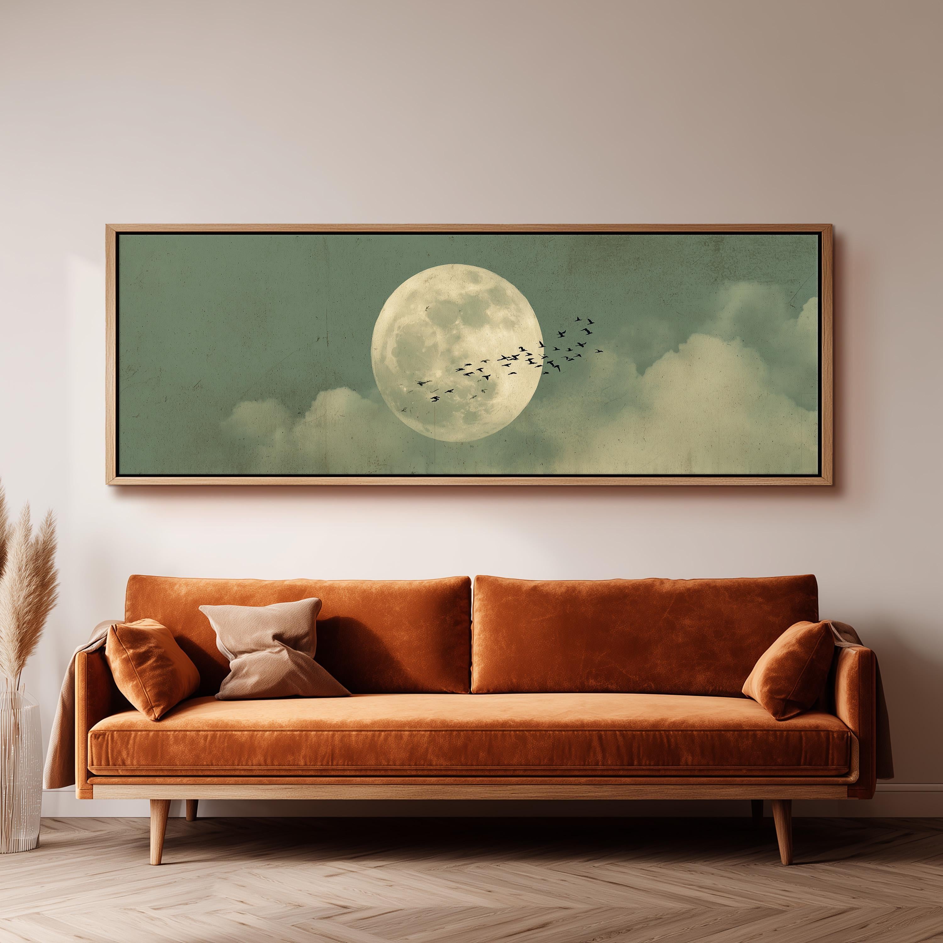 Flock of Birds and Moon - Wide Panoramic Canvas
