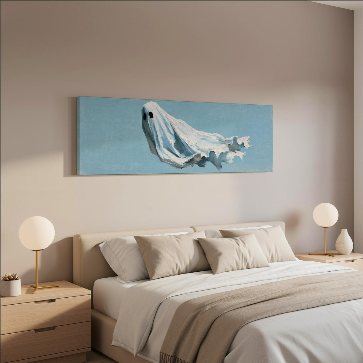 Drifting ghost spirit wide panoramic canvas print above a bed in a neutral bedroom