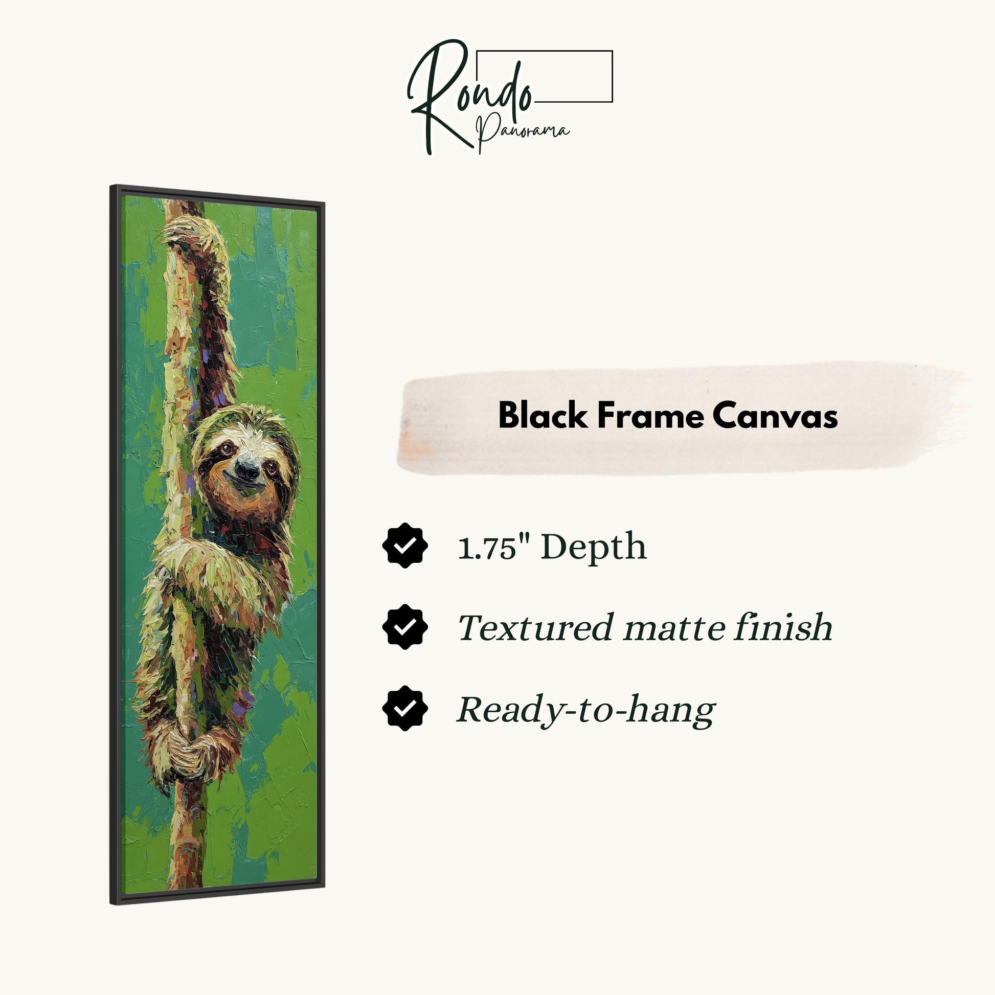 The image is a black frame canvas depicting a sloth hanging from a tree branch.