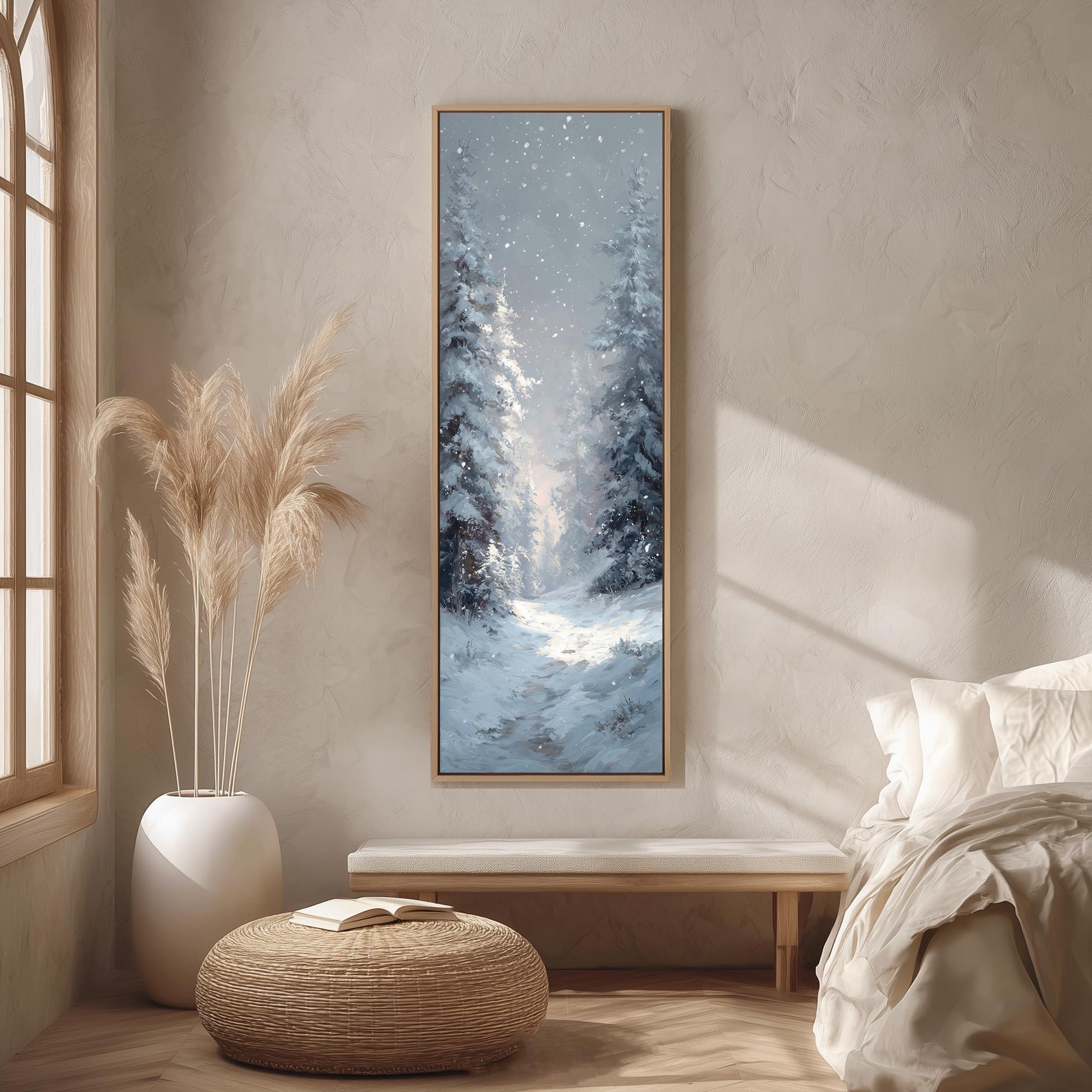 a serene winter scene with a snowy forest, a bench, a woven ottoman, and a large window with white curtains.