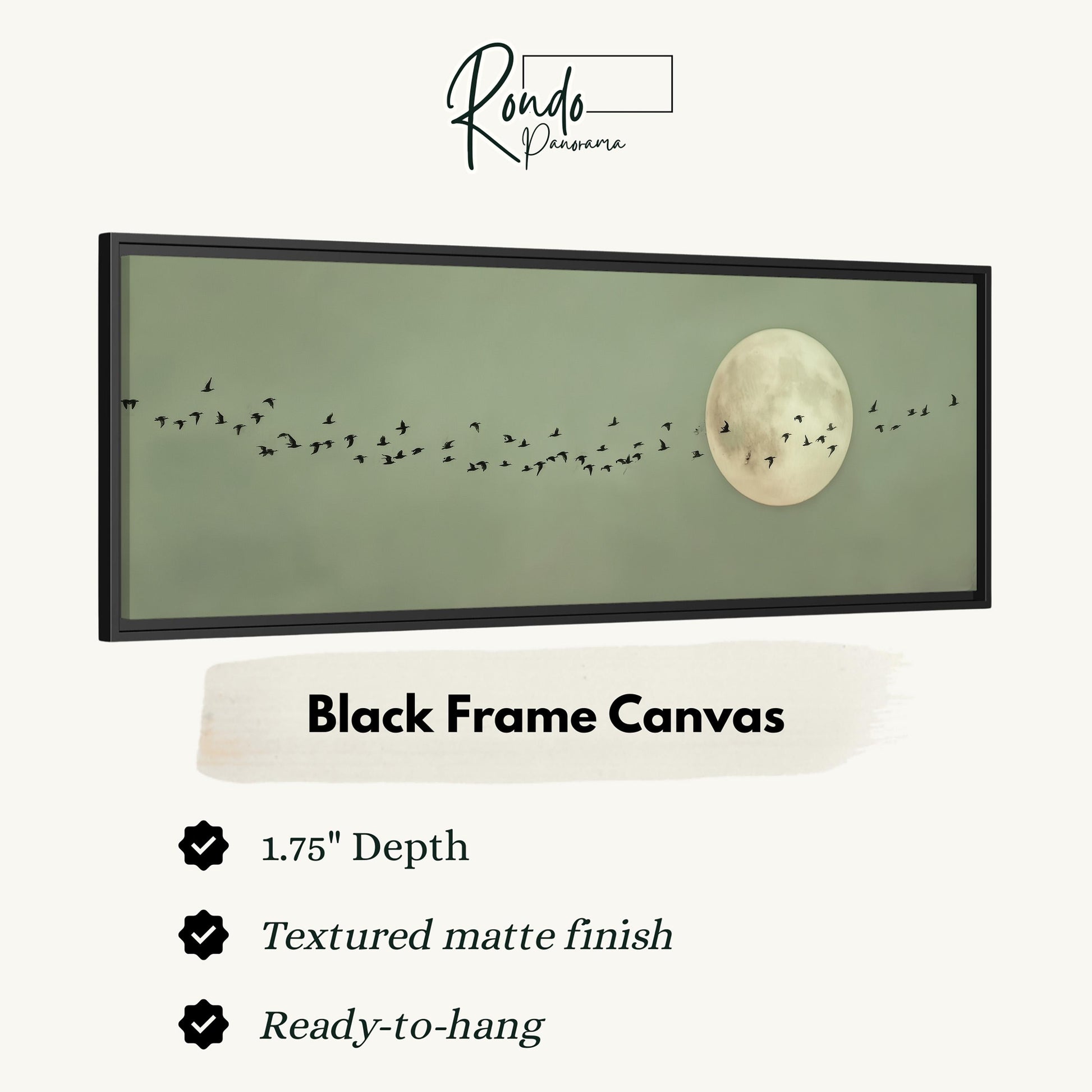 The image is a black frame canvas depicting a flock of birds flying in front of a full moon.
