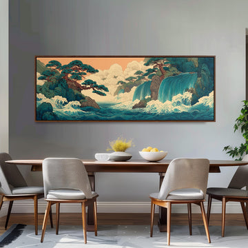 a large, colorful painting of a waterfall and forest scene hanging on a wall above a wooden dining table with four chairs.